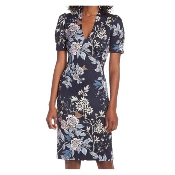 Vince Camuto Dresses & Skirts - Vince Camuto Puffy Sleeve V-Neck Navy Blue Floral Scuba Knit Fabric Size 10